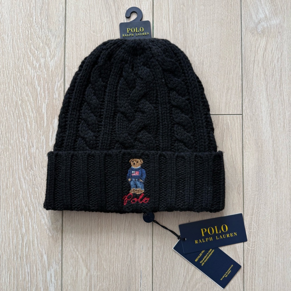 Polo Bear Ralph Lauren Cable Knit Beanie Winter Hat OS Black Wool Blend NWT